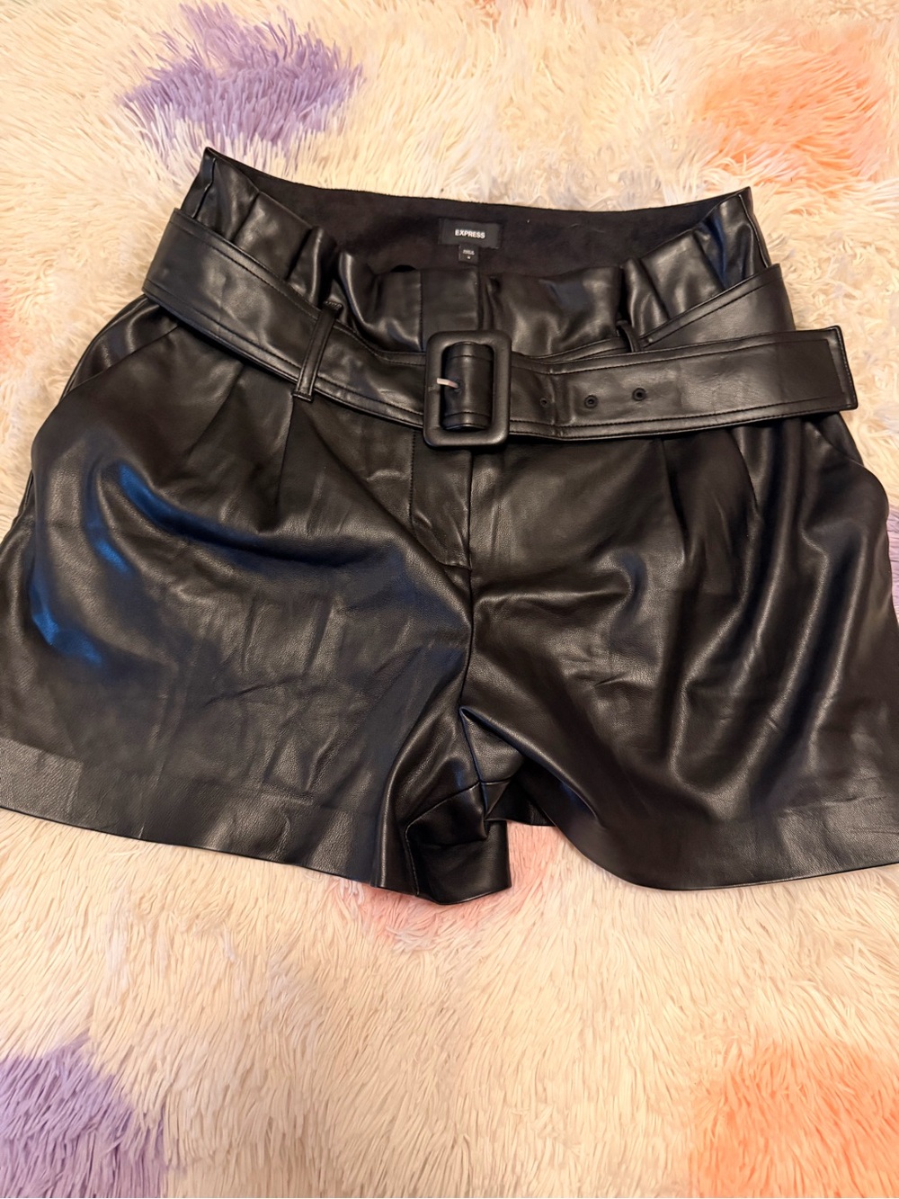 Express Black Faux Leather High-Waist Belted Paperbag Shorts